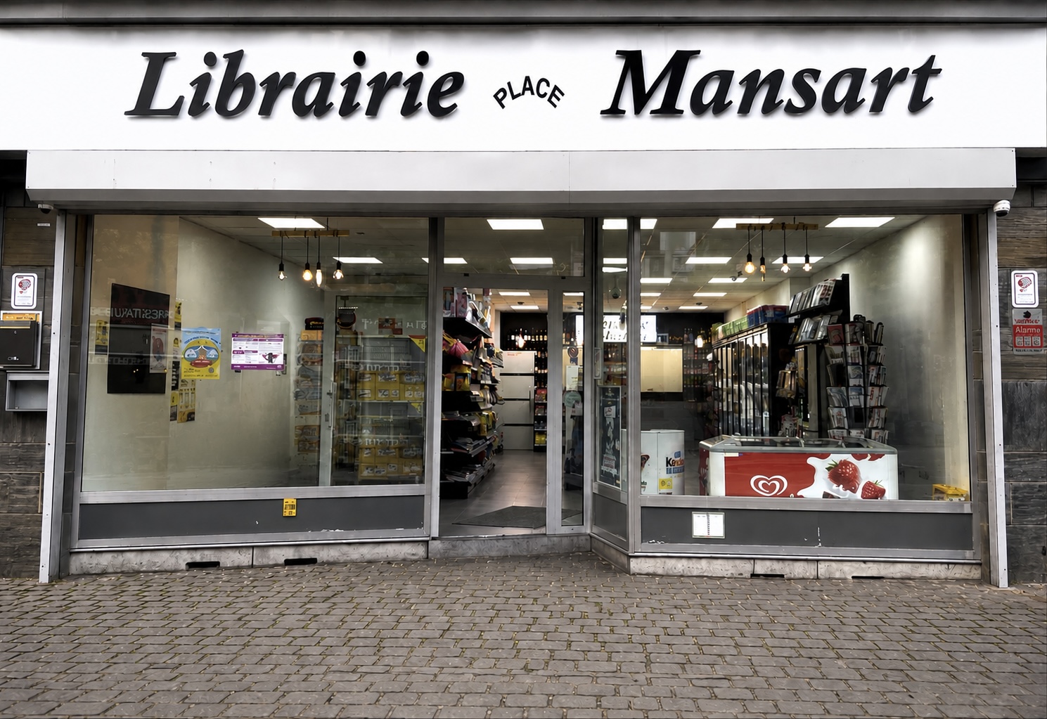 Façade vitrée de la Librairie du Mansart à La Louvière
